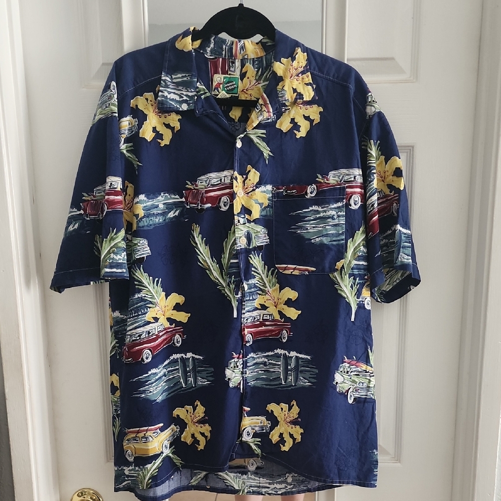 Johnny Cotton Vintage Hawaiian Shirt – Woody Car & Hibiscus Print Blue Button-Up